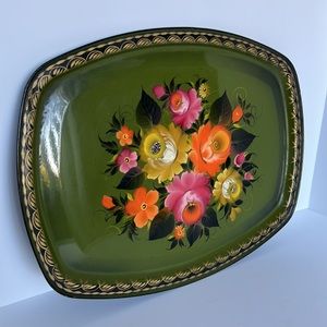 Vintage Hand Painted Flowers Black Enameled Metal Tray